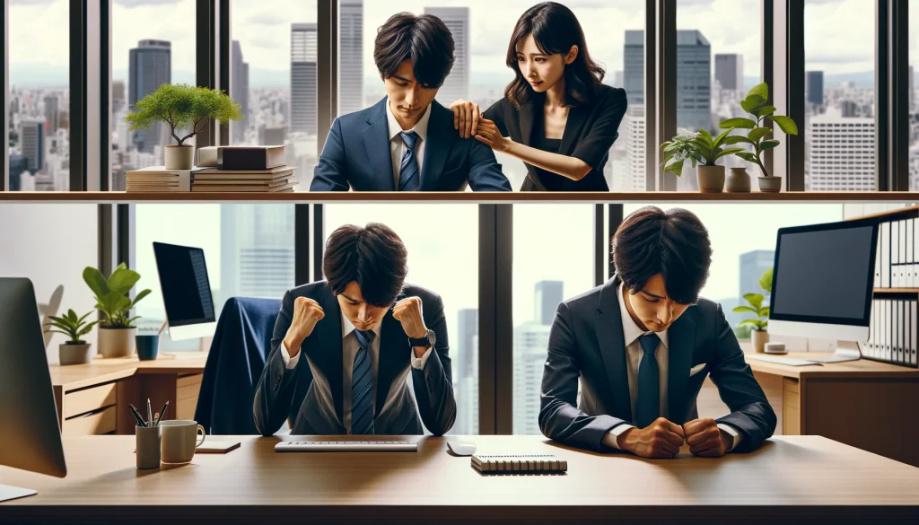 A Japanese professional man and woman overcoming difficult emotions, showing resilience and determination. The scene is set in a modern office environment with a stylish workspace, desk, computer, and large windows letting in natural light. They are both wearing smart business attire. The initial image shows them looking downcast and struggling. Gradually, they begin to show signs of overcoming their difficulties, with supportive gestures like a pat on the back or a reassuring smile. The final image captures them standing tall with renewed confidence and a hopeful outlook, symbolizing their journey of overcoming tough emotions.